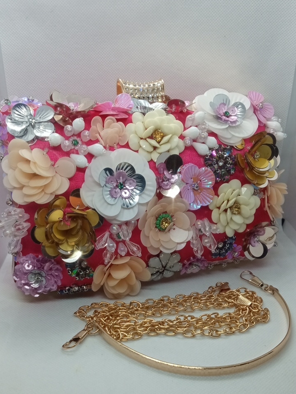 FUSCHIA SATIN FLORAL BEAD BAG